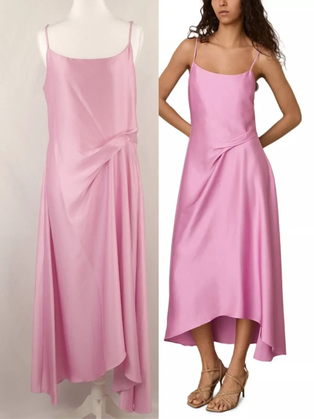 Reiss Zoey Satin Drape Ruched Midi Slip Dress, Light Pink, US 8 - Picture 1 of 11